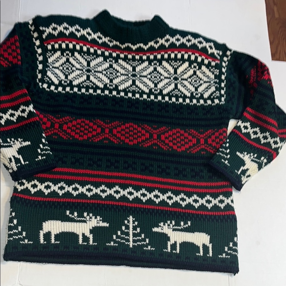 VTG-studio Michelle Stewart-L-green-Festive Knit reindeer, heavy, thick,Sweater.